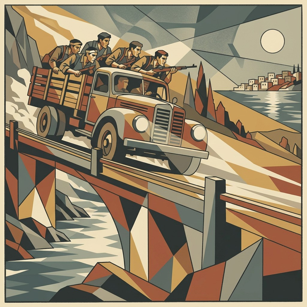 A flatbed truck full of Lebanese-Jewish refugees speeding past two unmanned Bren-gun carriers at an Arab Legion bridge checkpoint