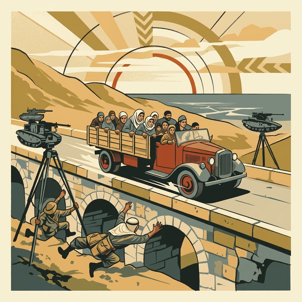 A flatbed truck full of Lebanese-Jewish refugees speeding past two unmanned Bren-gun carriers at an Arab Legion bridge checkpoint