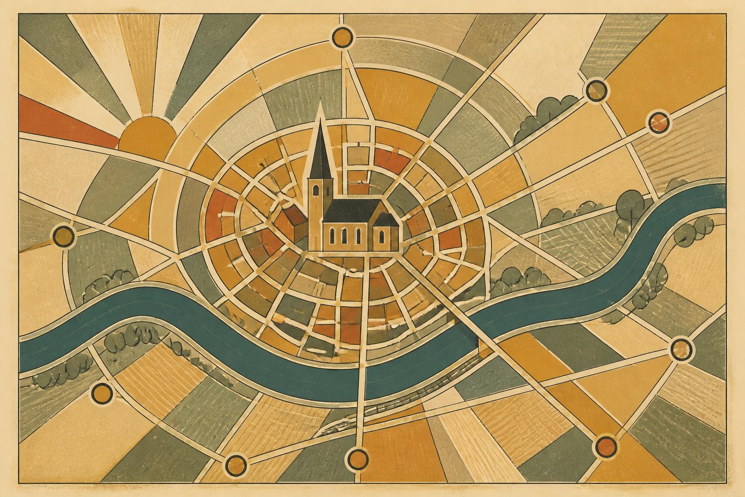 An art deco stylized map of Lippstadt and its surrounding Westphalia towns, rendered in cream, terracotta, ochre, and teal-grey