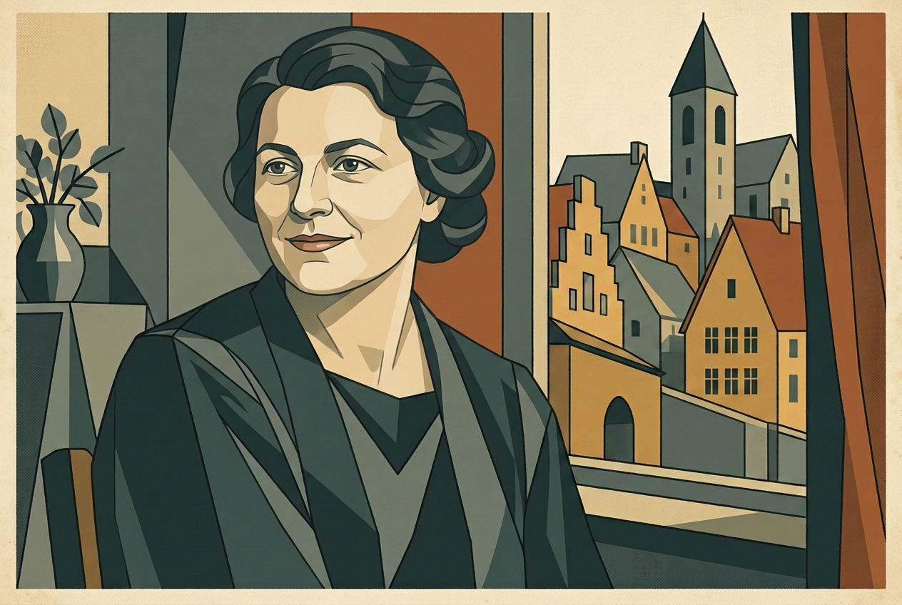 An art deco lithograph portrait of Lucie Levy in cream, terracotta, ochre, and teal-grey