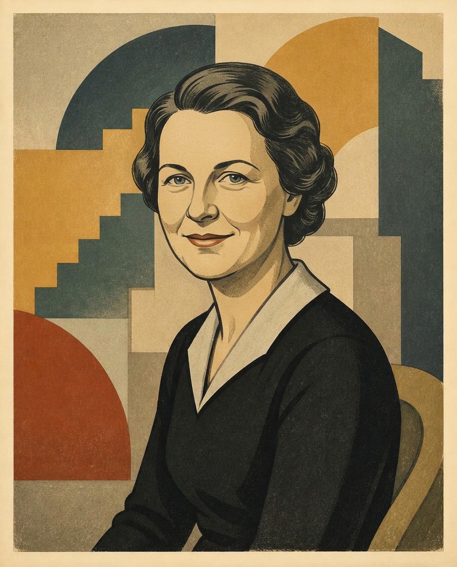 An art deco lithograph portrait of Lucie Levy in cream, terracotta, ochre, and teal-grey