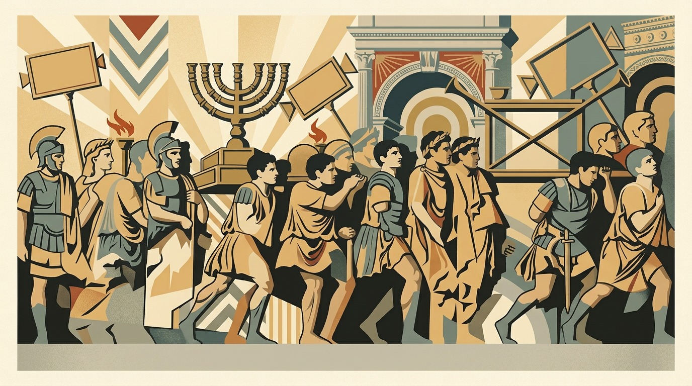 Art deco lithograph of the Roman triumphal procession carrying the Jerusalem Temple menorah