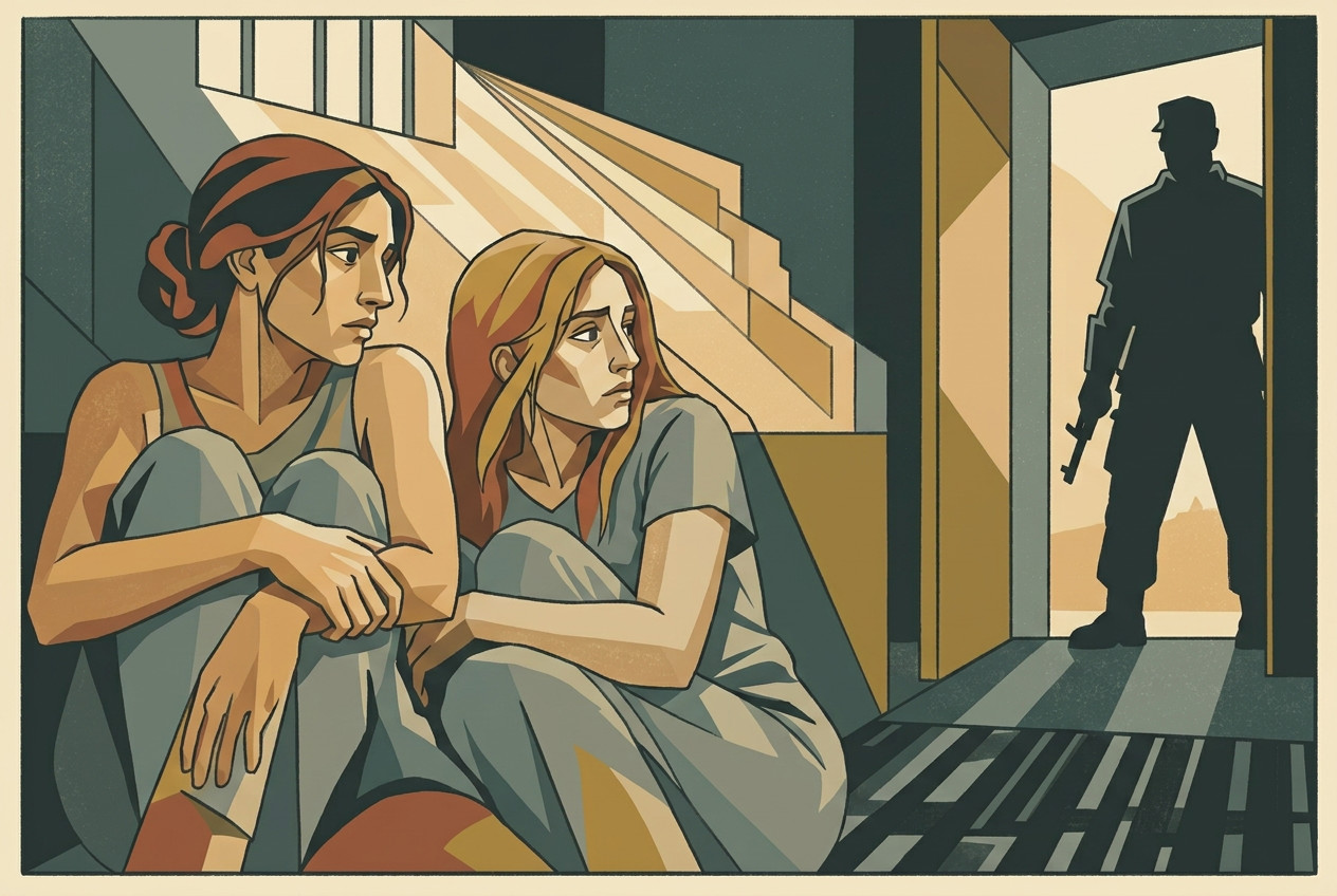 Art deco illustration of two young Israeli women held captive in a bare concrete room