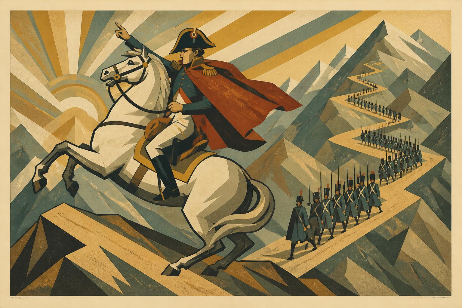 An art deco illustration of Napoleon crossing the Alps