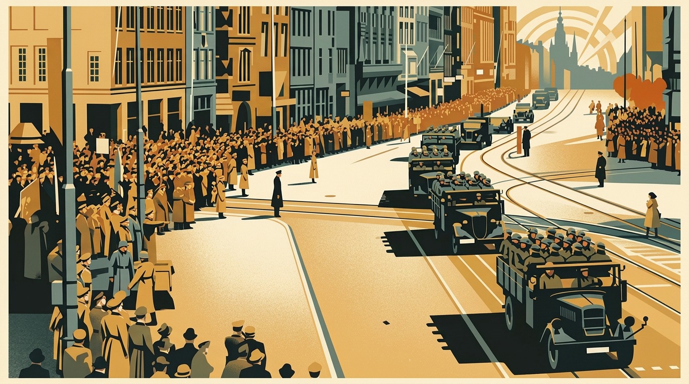 Art deco illustration of military trucks and soldiers moving through a European city street lined with crowds and buildings