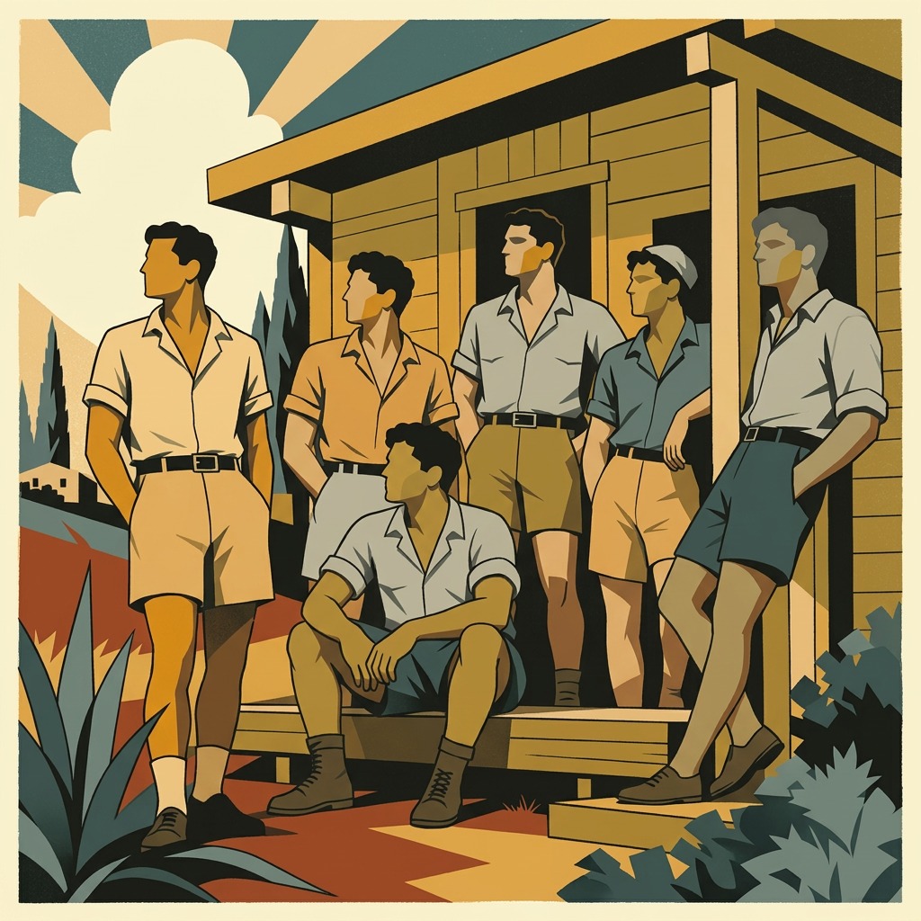 Six Palmach men in front of a wooden kibbutz cabin