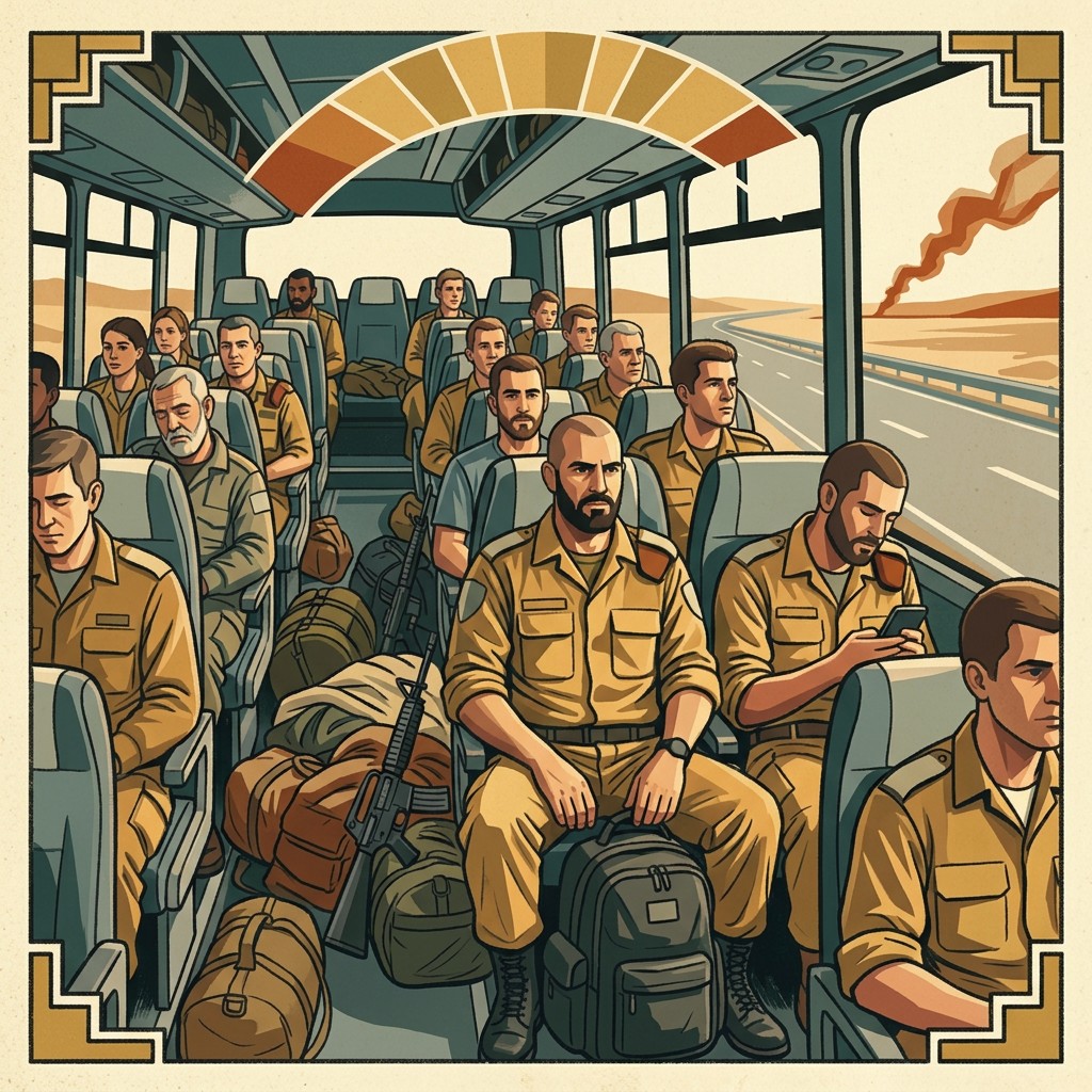 Israeli soldiers aboard a bus with their equipment, smoke visible beyond the windows