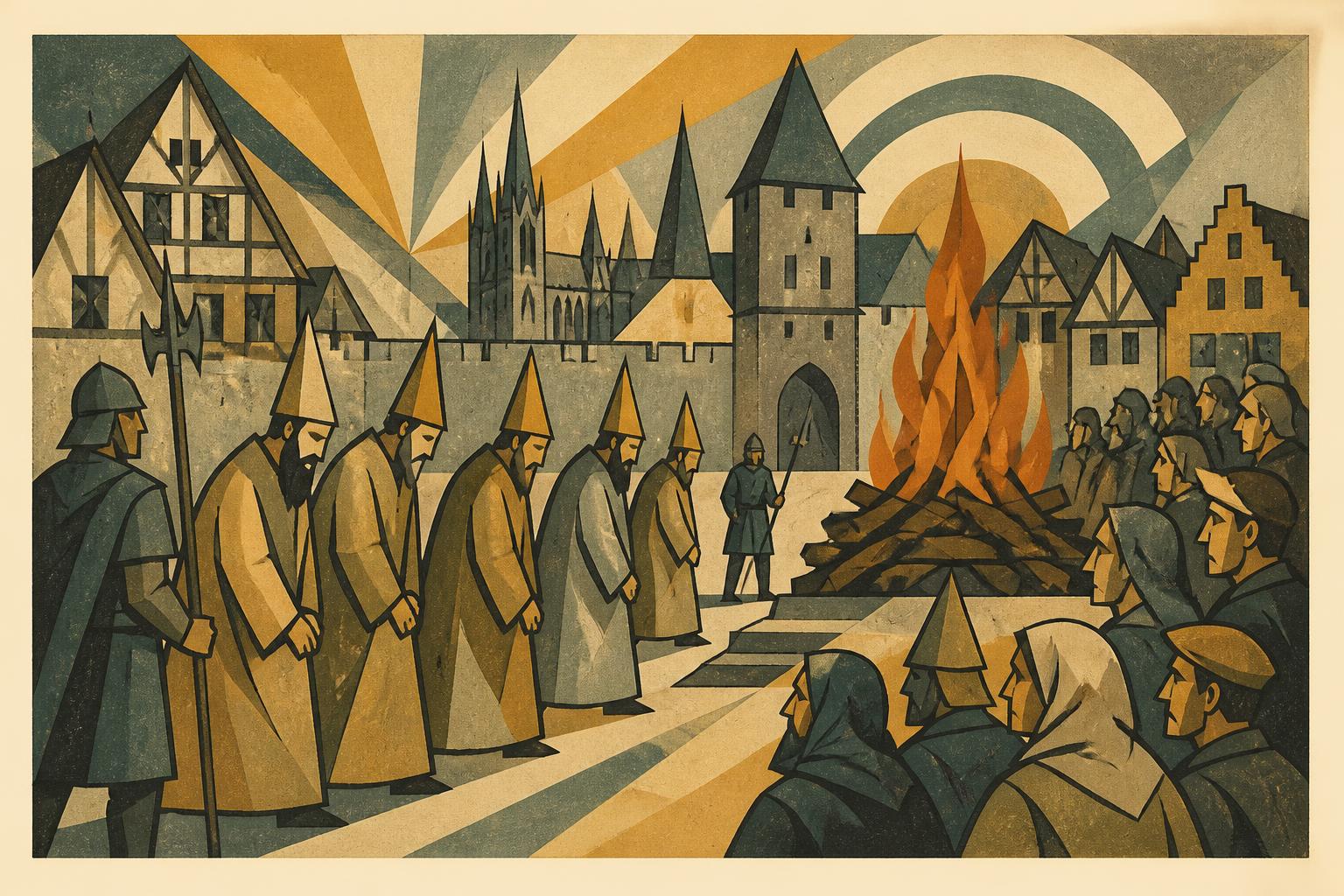 An art deco illustration of medieval Jews burned at the stake in the Rhineland