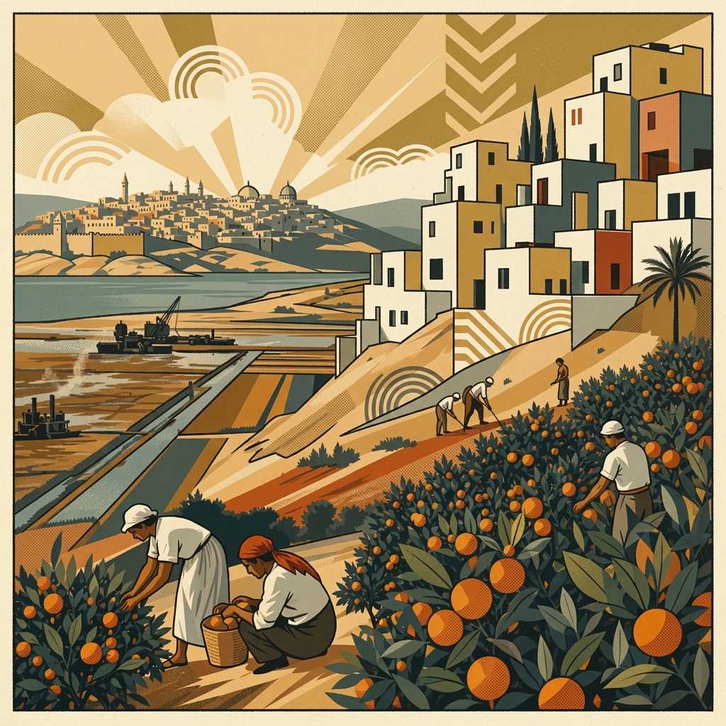 Art deco illustration of Bauhaus buildings rising from coastal dunes with citrus orchards and marshland drainage