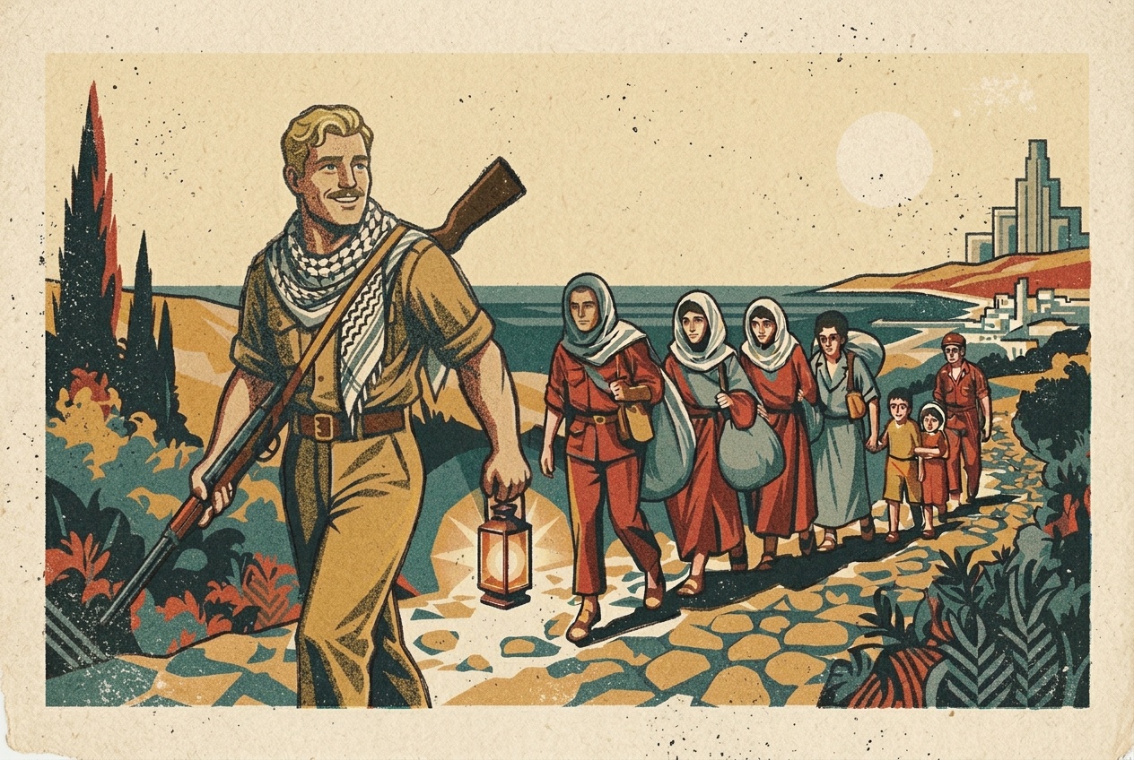 Young blonde Shlomo, dressed as a Palmach fighter, leading families out of Lebanon