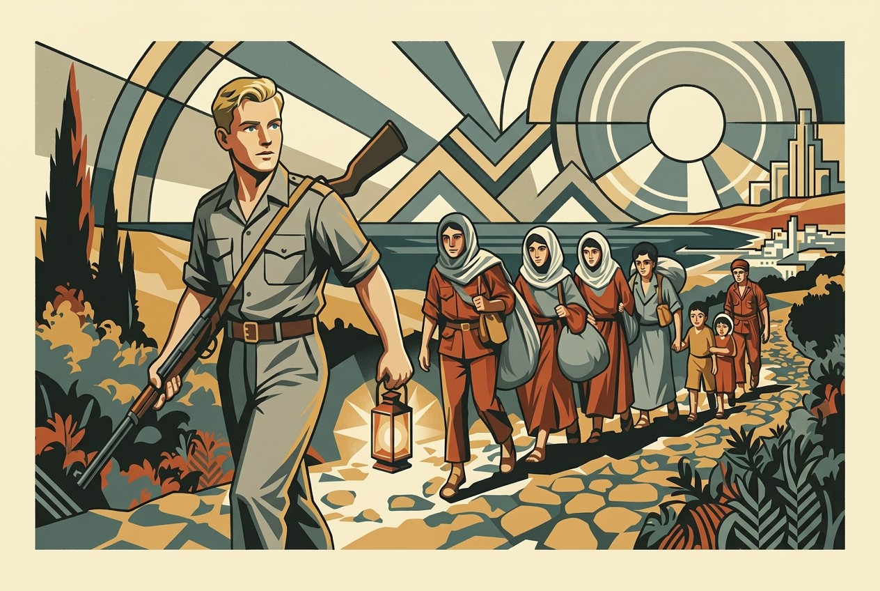 Young blonde Shlomo, dressed as a Palmach fighter, leading families out of Lebanon