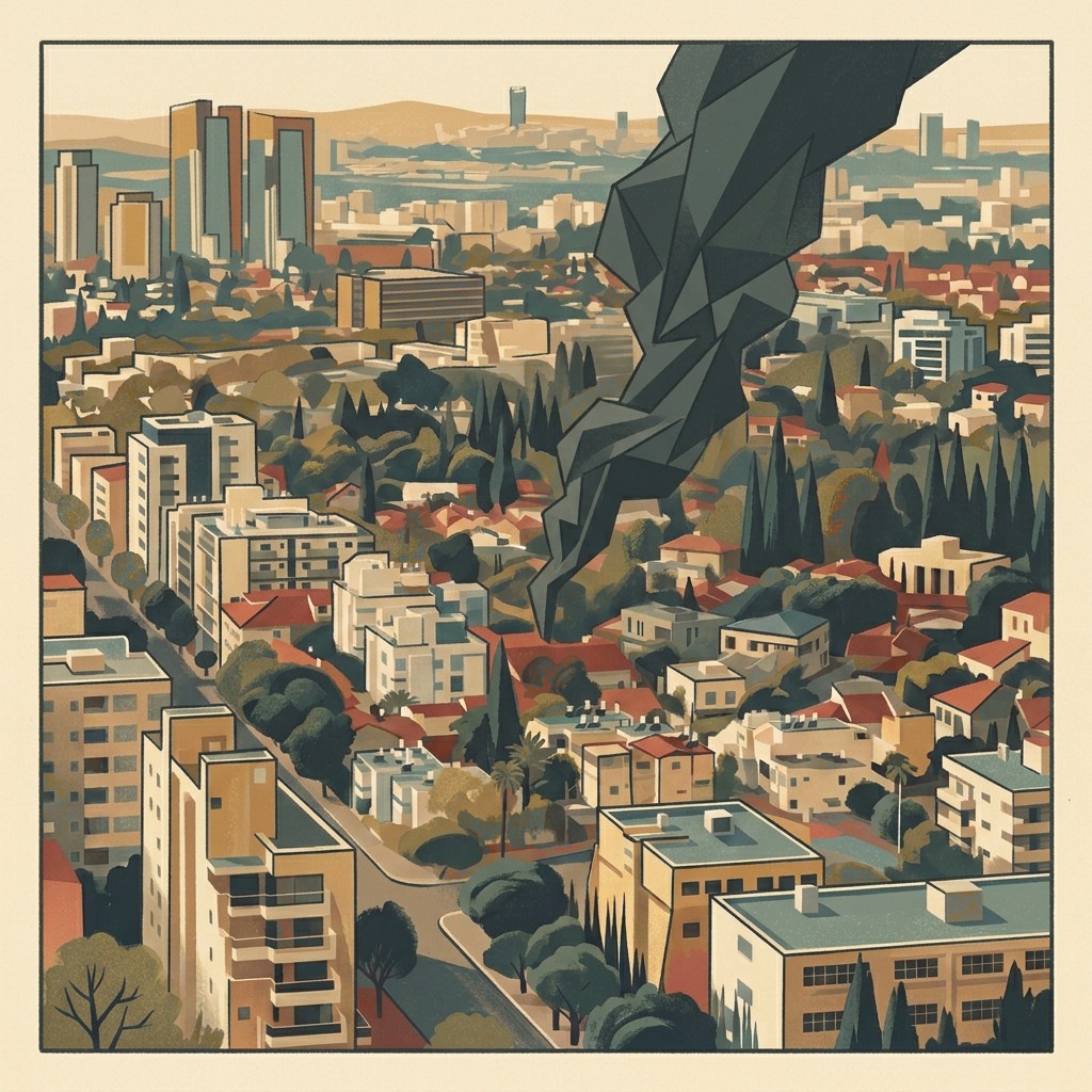 A column of smoke rising over an Israeli city