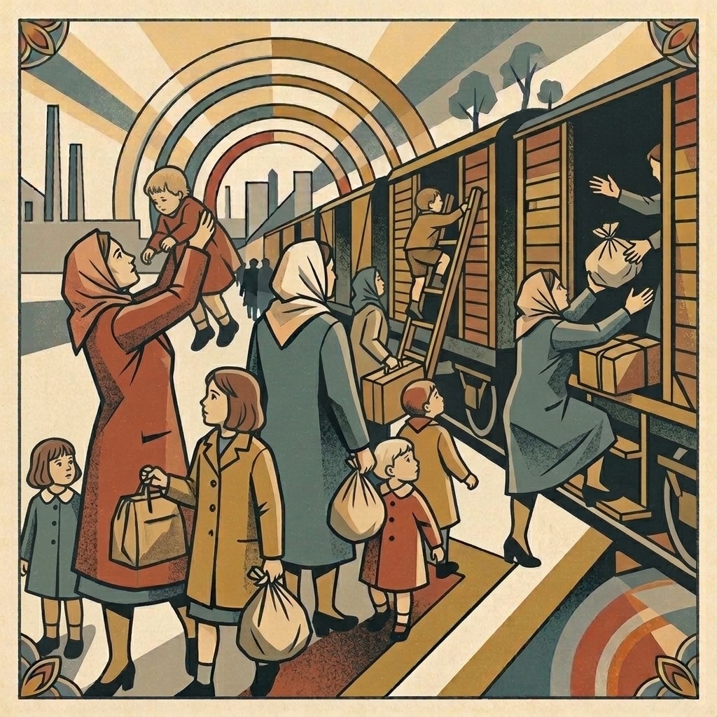 Mothers and children boarding the freight cars at Vught