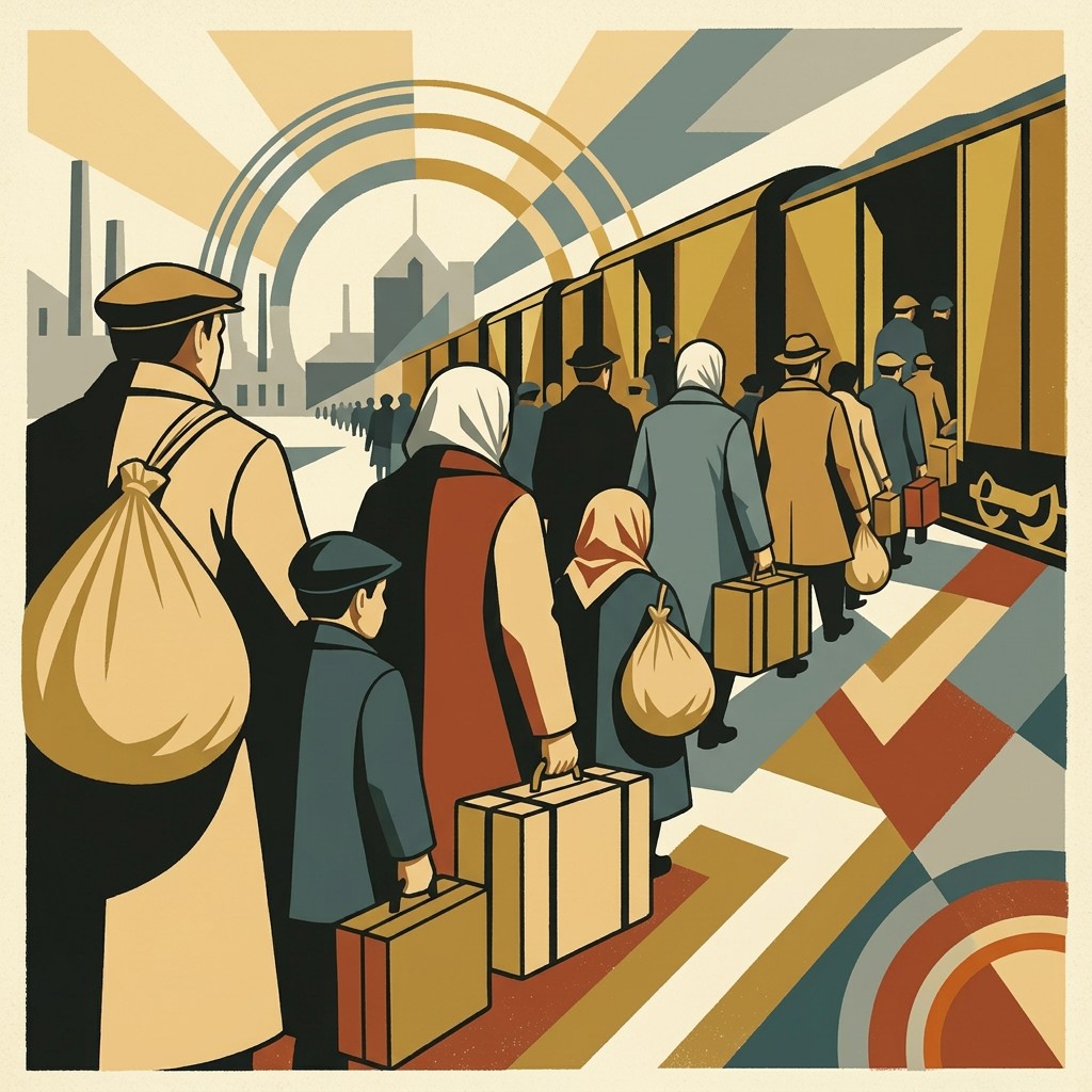 Art deco illustration of families and children with bundles and suitcases walking toward freight train cars at a railway station