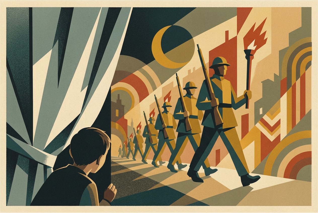 Silhouettes of marching soldiers with rifles and torches, seen from behind a curtain