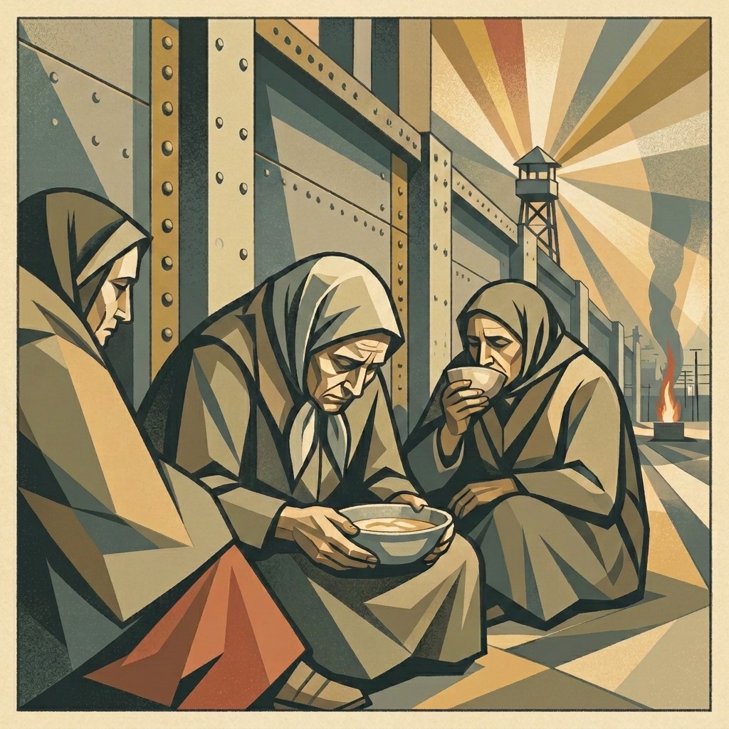 Art deco illustration of three women huddled against a riveted steel wall in a concentration camp, eating from bowls
