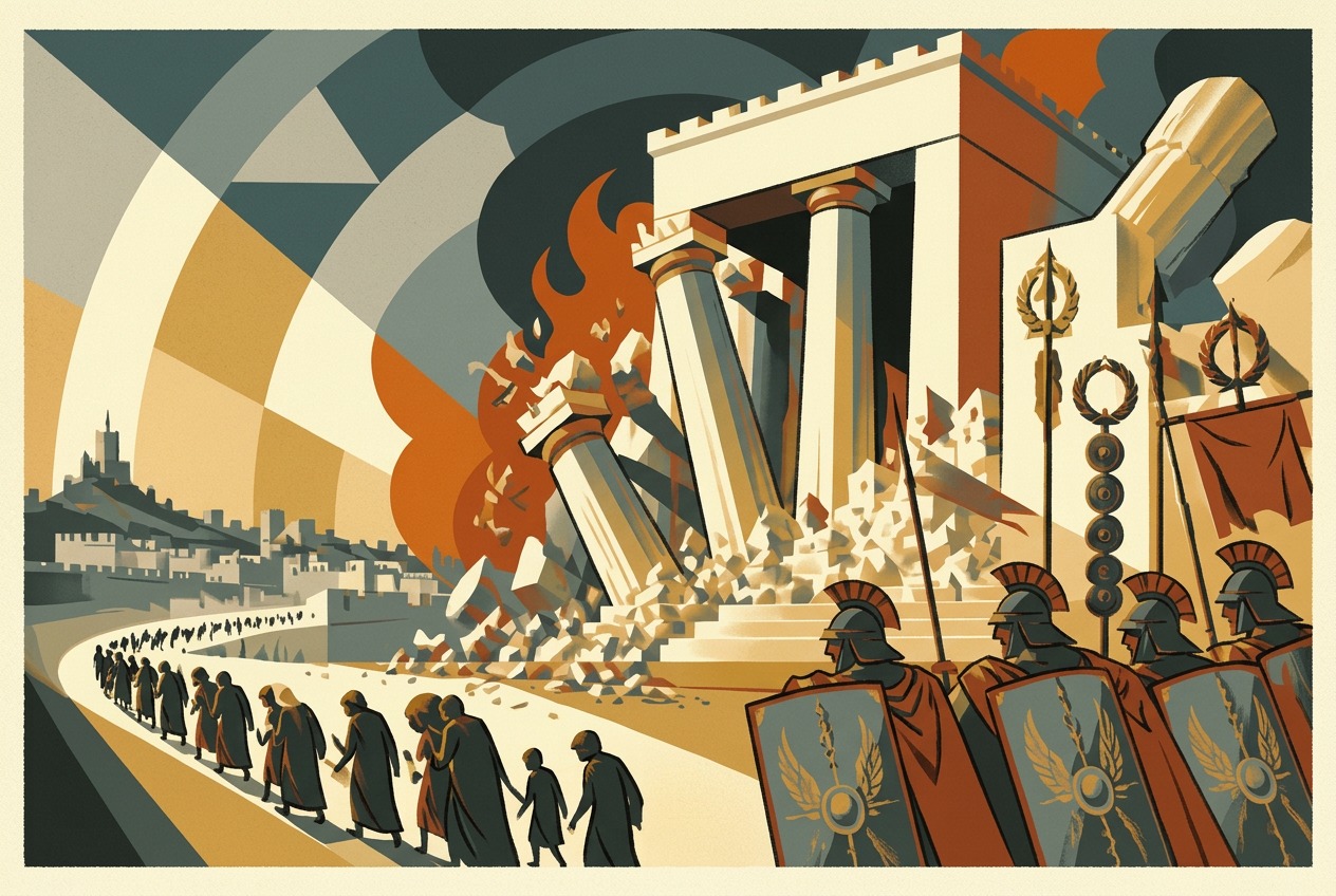 Art deco lithograph of the Second Temple falling as Roman legions stand by and exiles walk away