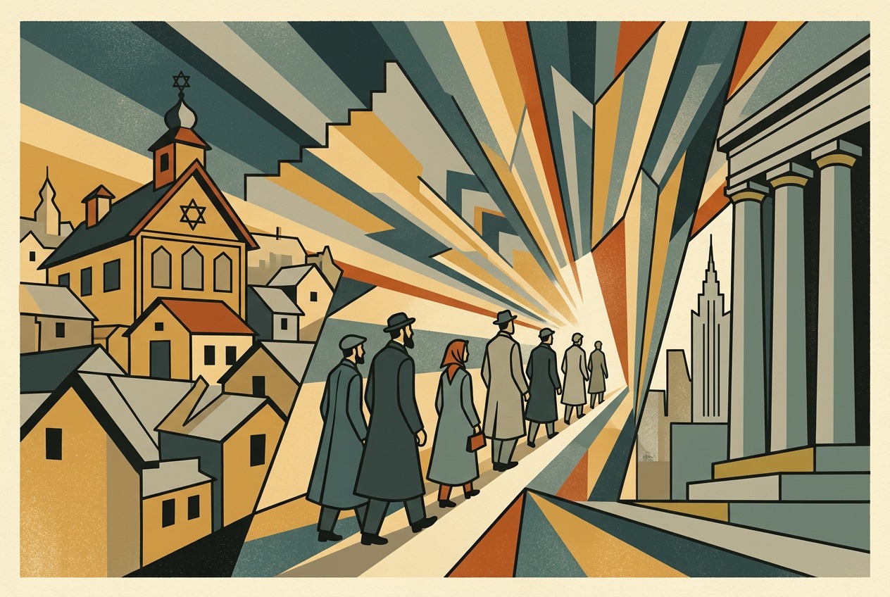 Art deco lithograph of a wooden shtetl synagogue and neoclassical civic columns with figures crossing between