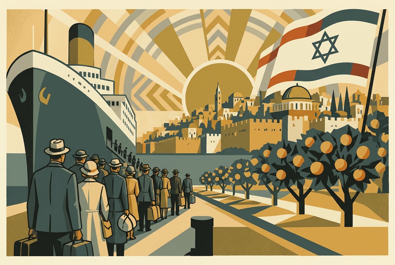 Art deco lithograph of immigrants arriving by steamship at a Mediterranean port beneath a rising sun over Jerusalem