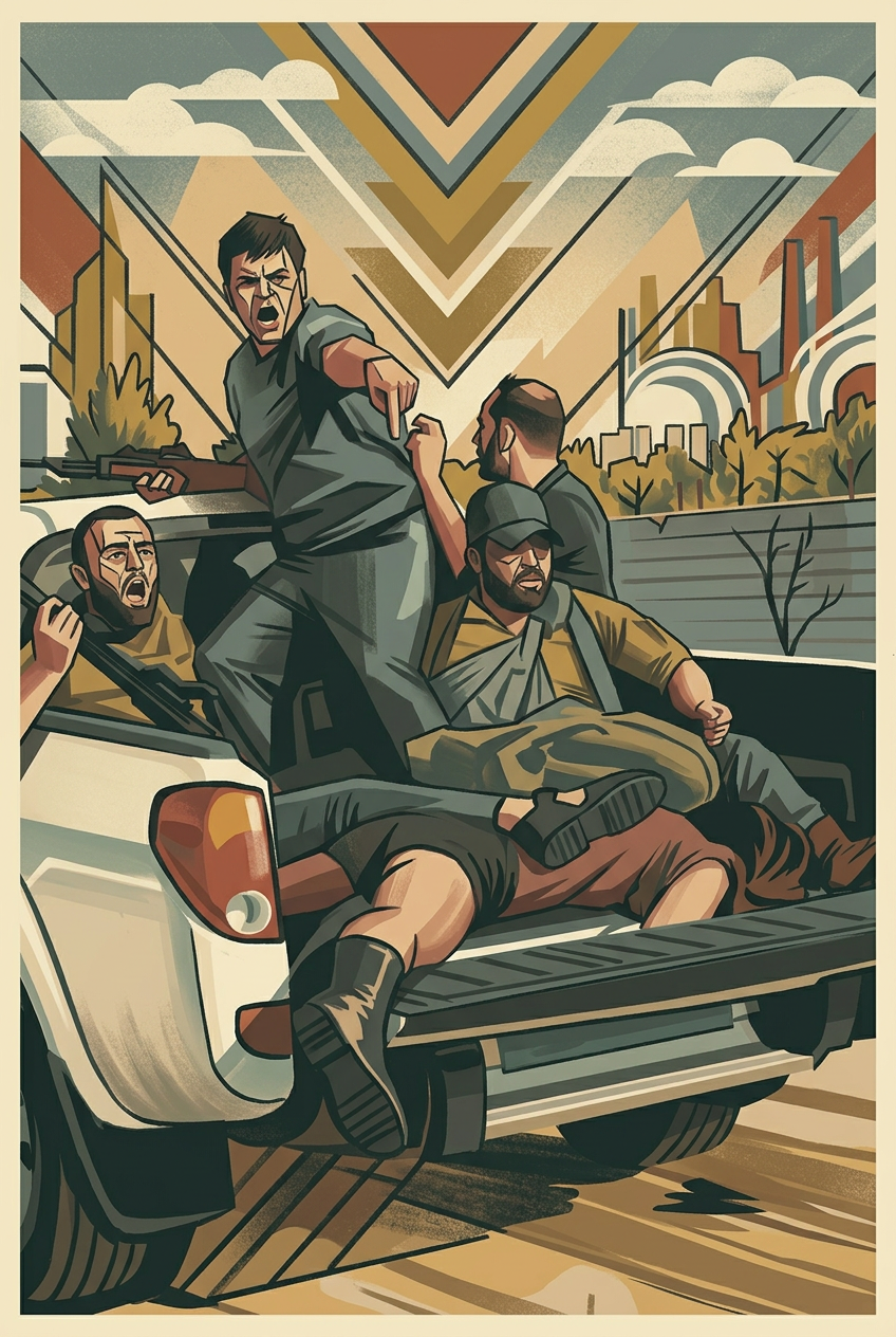 Armed men shouting from the bed of a moving pickup truck