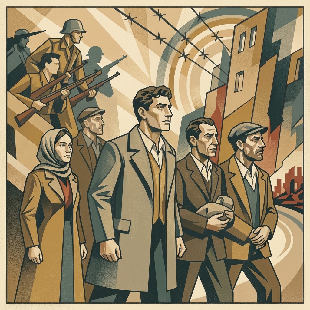 Art deco illustration of Warsaw Ghetto Uprising: civilians with raised hands, soldiers behind