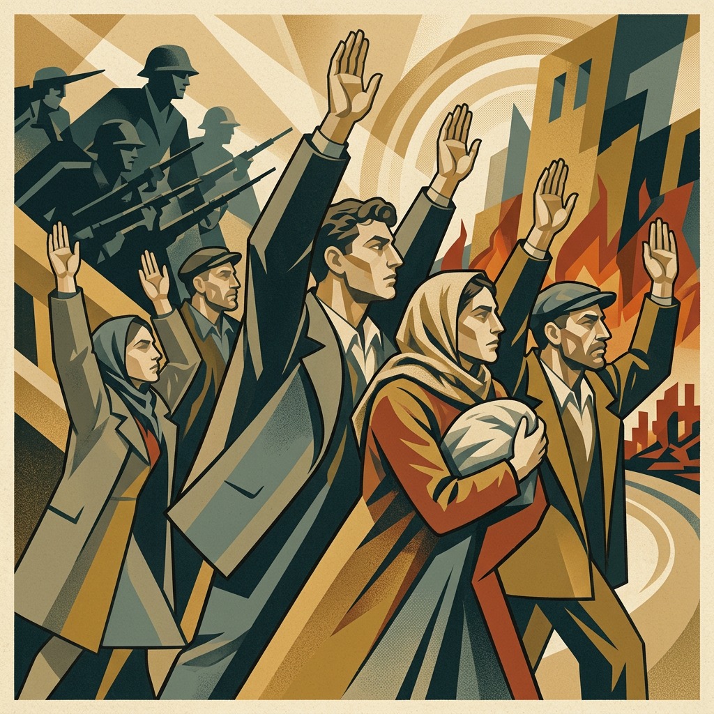 Art deco illustration of Warsaw Ghetto Uprising: civilians with raised hands, soldiers behind