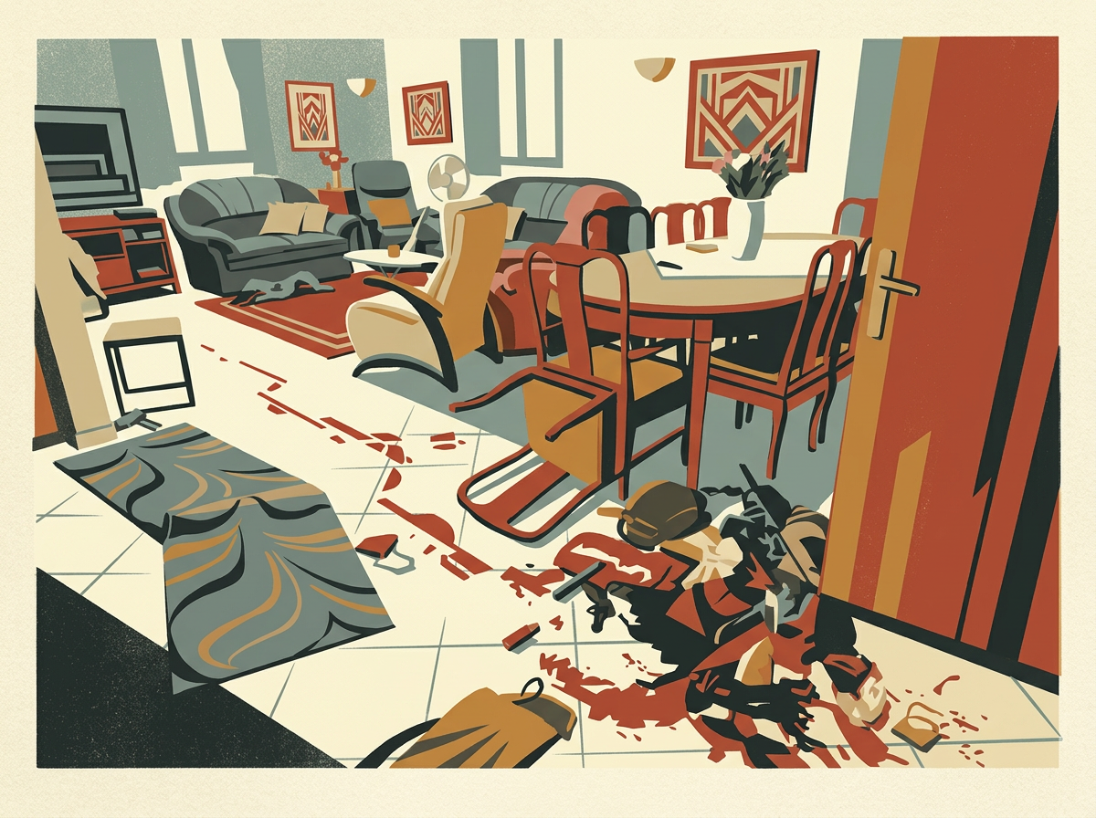 A ransacked kibbutz living room in art deco style