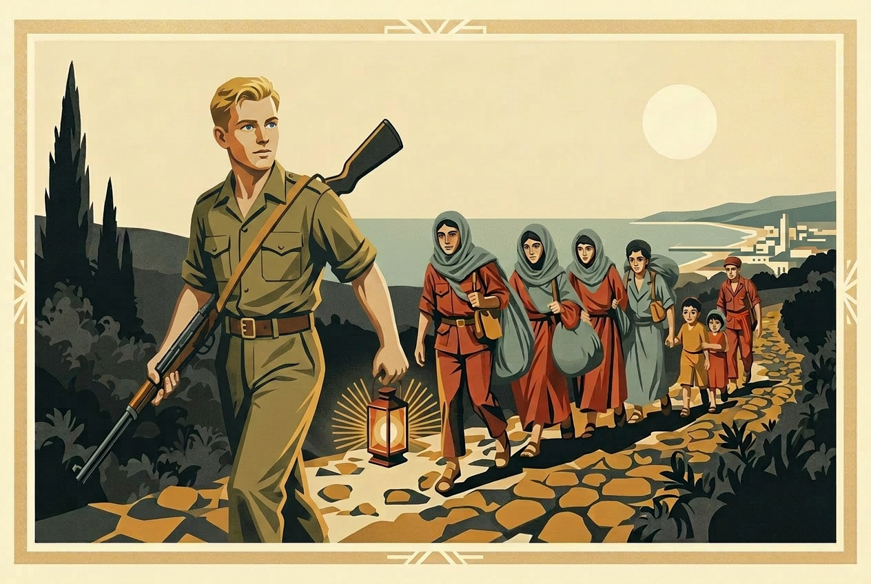 Young blonde Shlomo, dressed as a Palmach fighter, leading families out of Lebanon